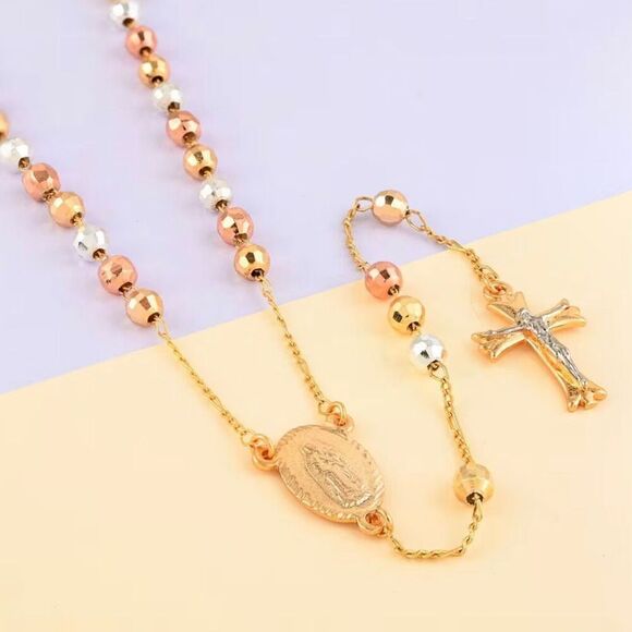 Rosary Style 26 Inch Cross Gold Vermeil Cross Beaded Necklace Tri Color New - Picture 1 of 4